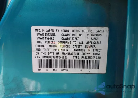 2013 Honda Fit from USA, damaged, VIN JHMGE8G39DC045827